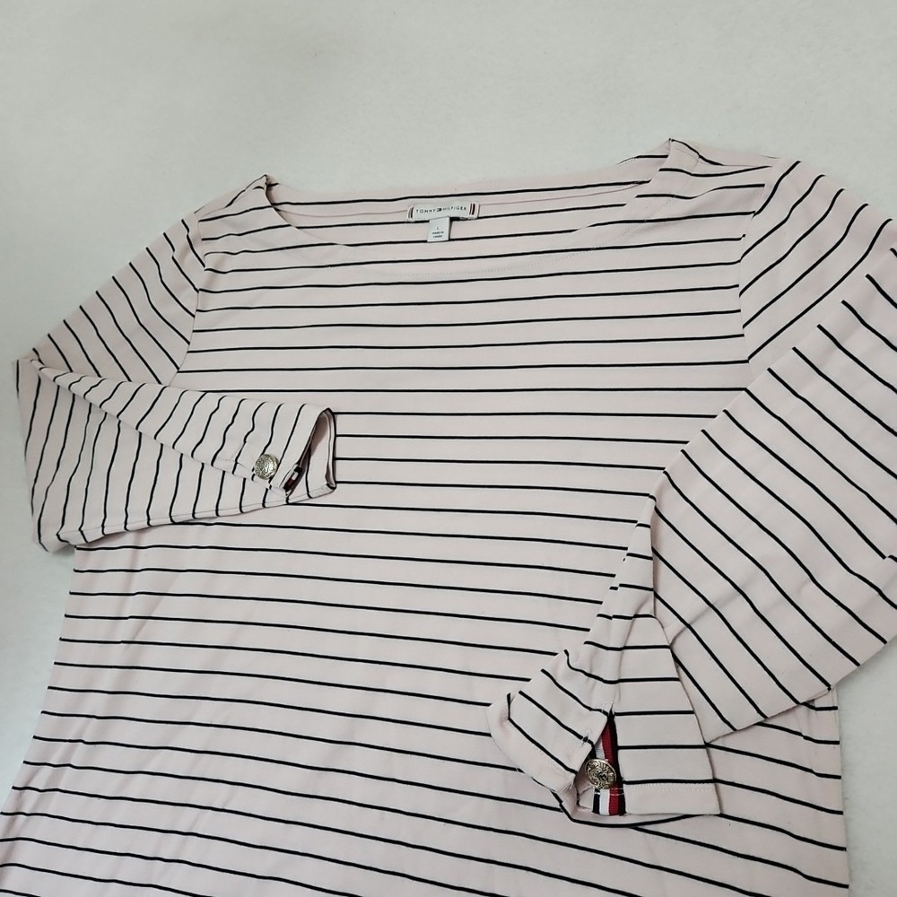 Tommy Hilfiger Women Pink w/ Black Stripes 3/4 Sleeve Top Boat Neck Button Cuffs